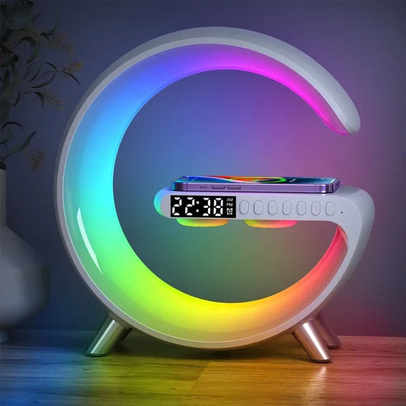 Multifunction G Shape Desktop Alarm Clock Digital Clock APP Control RGB Night Light Wireless Charging Station for Iphone Huawei