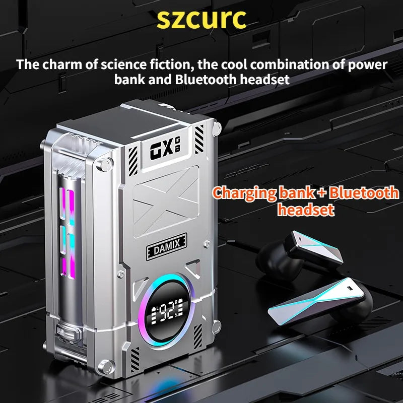 Power Bank + Bluetooth Headset: Sci-Fi Look, Unparalleled Combo for Future Tech Experience Noise Reduction Stereo 5.3 Earphones