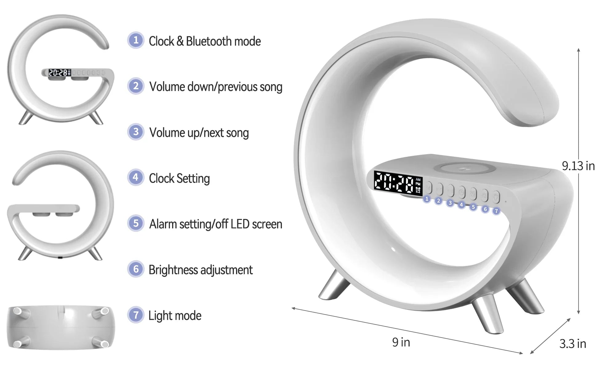 Multifunction G Shape Desktop Alarm Clock Digital Clock APP Control RGB Night Light Wireless Charging Station for Iphone Huawei