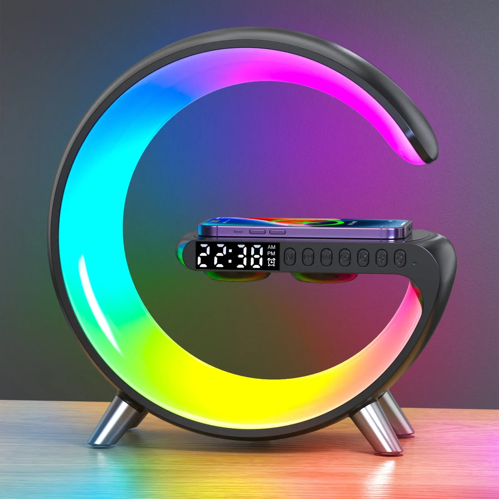 Multifunction G Shape Desktop Alarm Clock Digital Clock APP Control RGB Night Light Wireless Charging Station for Iphone Huawei